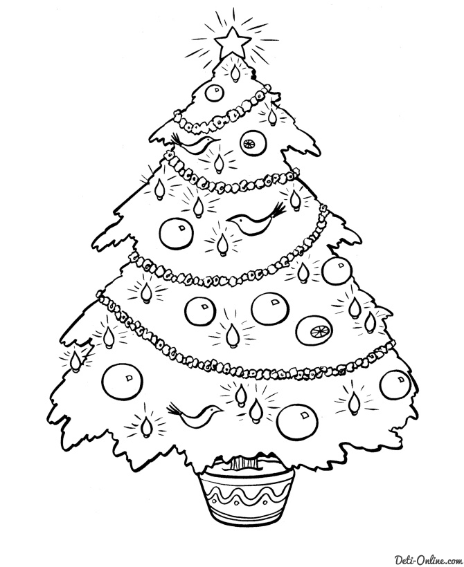 Раскраска Новогодняя елка с шарами и птичками | РАСКРАСКУ .РФ - распечатать  и скачать